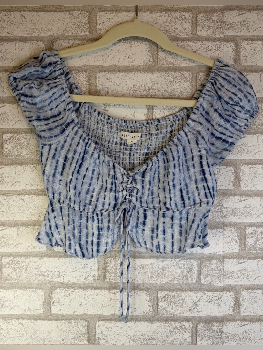 Aeropostale Blue Tie Dye Smocked Puff Sleeve Crop Top XS Boho Summer Cute Chic